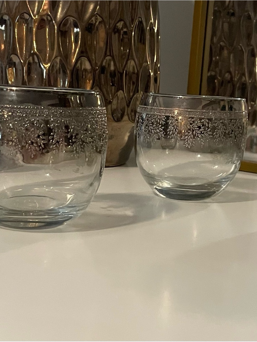 Vintage Glass Tumblers with Silver Floral Band - Set of 4